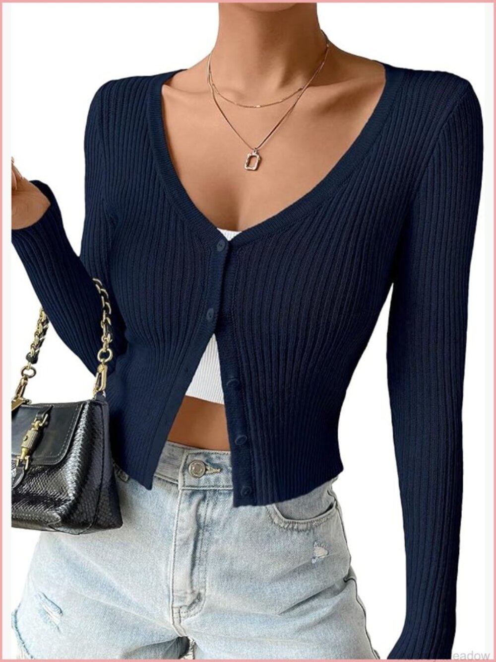 Ribbed Knit Button Down V Neck Cropped Cardigan Sweater